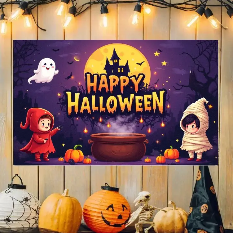 VIKAMA Cute Kids Halloween Tapestry Mummy Devil Witch House Cauldron Pumpkin Holiday Wall Hanging Bedroom Dorm Party Cloth