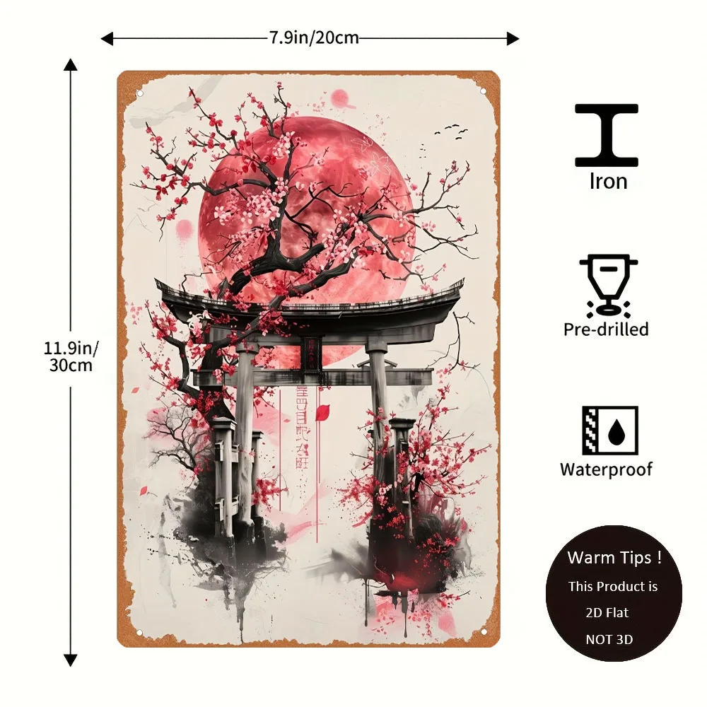 Japanese Torii Gate Sakura Tin Sign - Oriental Scenery Metal Wall Art, Vintage Home Office Iron Decor