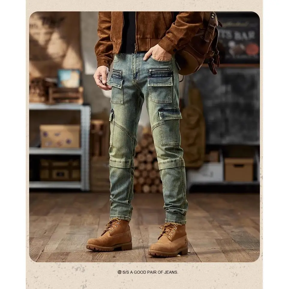 

Мужские джинсовые джинсы в стиле ретро Faion, осенне-зимние лоскутные облегающие длинные брюки, молодежные модные широкие брюки