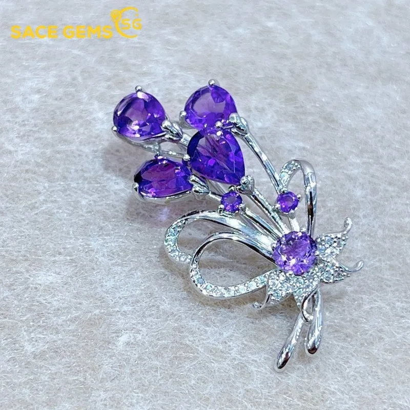 

SACE GEMS Новая брошь из стерлингового серебра 925 пробы с натуральным аметистом 6*8 мм для женщин, для помолвки, коктейльных вечеринок, изысканный ювелирный подарок