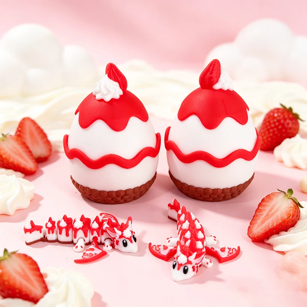 3d Printed Cream Strawberry Cake Dragon + Dragon Egg Model Set Plastic Desktop Decoration Sculpture Ornaments