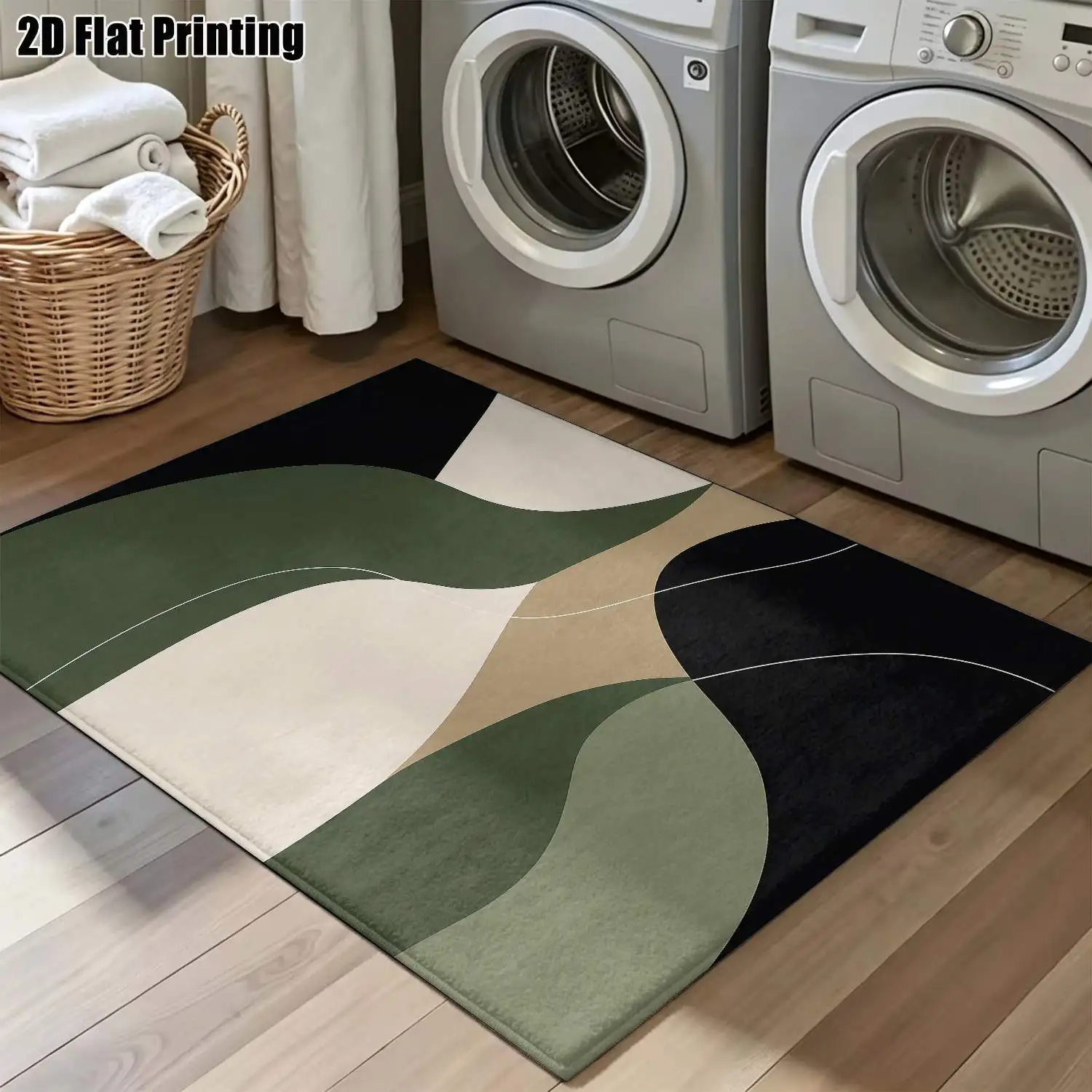 1Pc 2D Printed Carpet: Black Base, Green-Brown Geometric Abstract Pattern Nordic, Instagram-Inspired, Modern Minimalist, Home Decor, Multi-Size, Machine Washable, for Entryway, Dining Room, Foyer, Living Room, Bedroom.