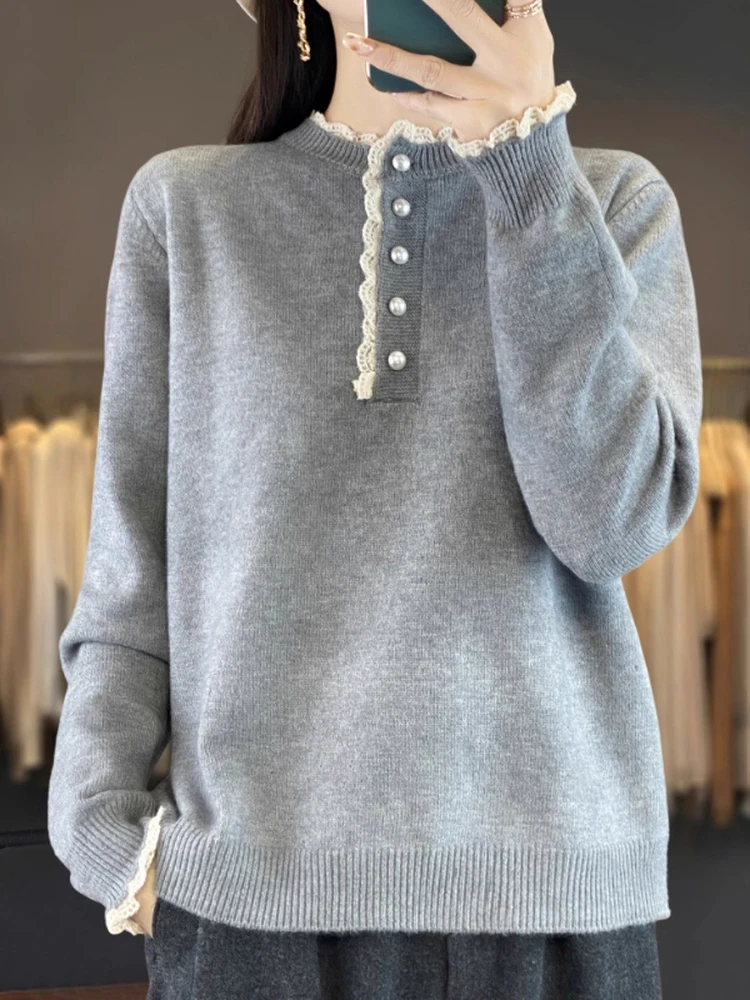 

Модный вязаный шерстяной свитер для женщин, внутренний кружевной дизайн, осенний теплый длинный свек, круглый, повседневный, премиум-камер