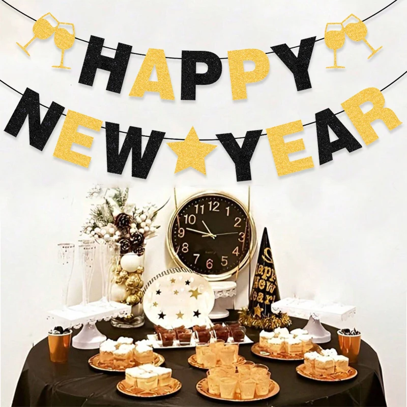 Banner „Frohes Neues Jahr 2026“, Schwarz und Gold mit Glitzer und Weingläser, Neujahrsparty-Dekoration