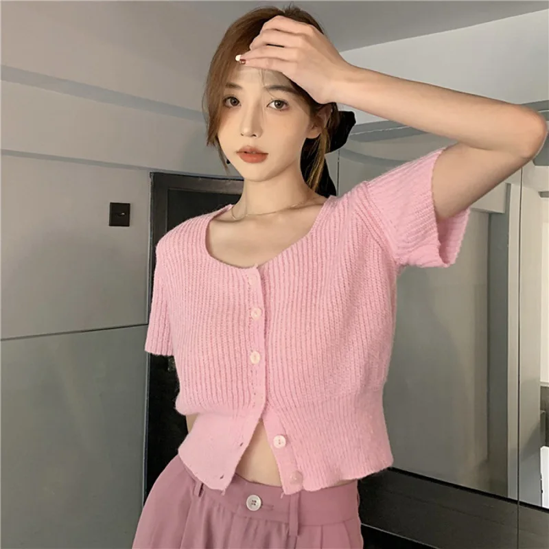 White Square Collar Short sleeve Knit cardigan Women Summer 2024 New Design Short Waist Hugging Chic Top Thin