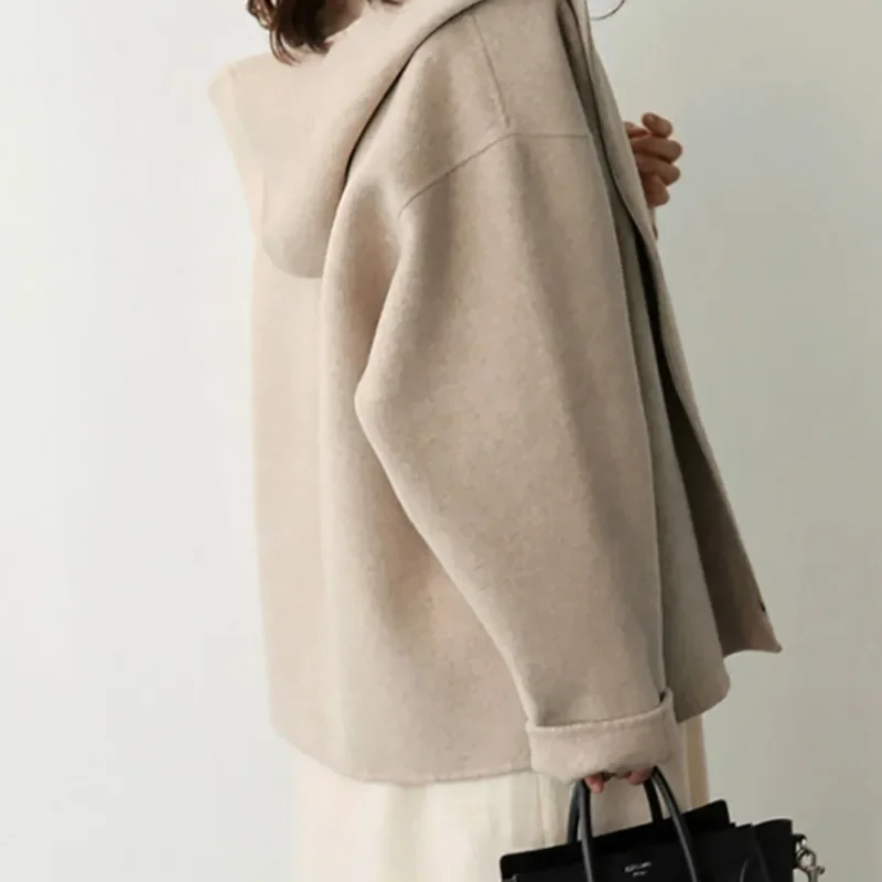 Hooded Woolen Coat Women 2025 Autumn Winter New Korean Edition Version Loose Solid Color Fashion Casual Wool Jacket Y2k