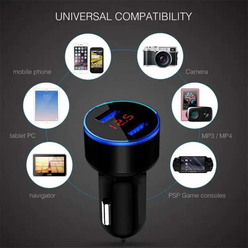 Car Charger Adapter Universal With Led Voltage Current Display Car Accessories Cigarette Lighter Dual Usb Port 15w Car Charger