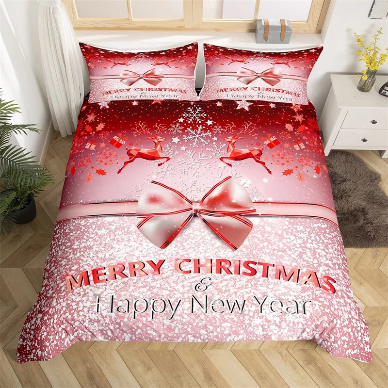 

Merry Christmas Duvet Cover Set Happy New Year Comforter Cover Microfiber Xmas Deer Elk Bedding Set Twin For Boys Girls Bow Gift