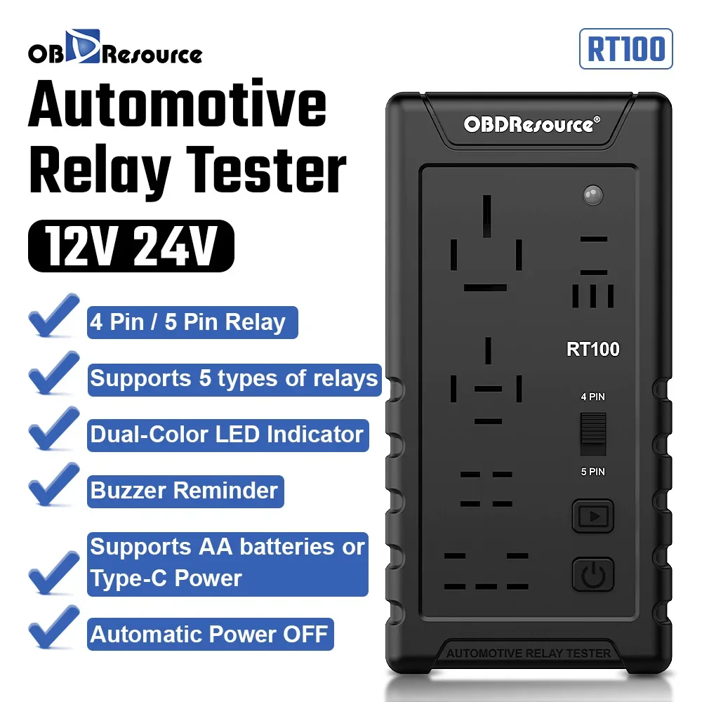 12V 24V Automotive Relay Tester RT100 RT100 4Pin 5Pin Super Relay Tester Diagnostic Tool Automotive Accessories Supports 5 types