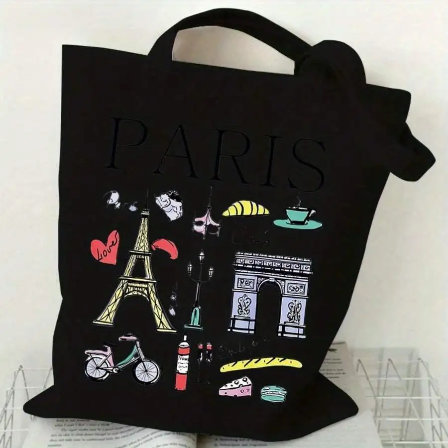 

Paris Themed Tote Bag With Eiffel Tower Arc De Triomphe Croissant Macaron Print Cotton Canvas Shopping Bag For Adults