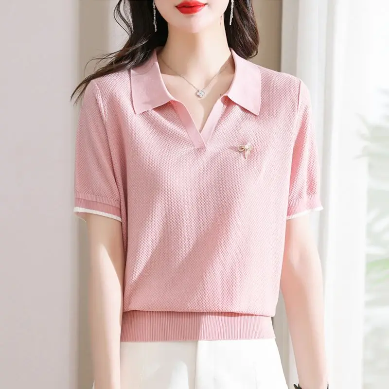 Women's Polo Shirts Knitted Plain Baggy Pink Female Tee Korean Clothing T-shirts Polyester Fashion 2024 Popular Clothes New Y2k