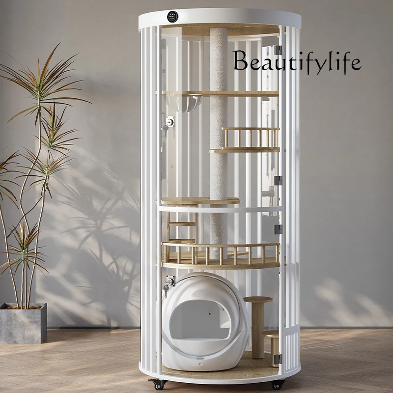 Smart Luxury Cat Villa 360 ° Panoramic Glass Cat Cage Solid Wood Large Household Cat House