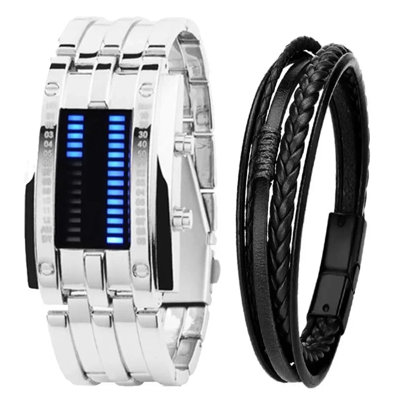 Sport Men Watch 50m Waterproof Lava Watch Double Row Lamp Led Watch Male Binary Steel Band Electronic Watch Relogios Masculino