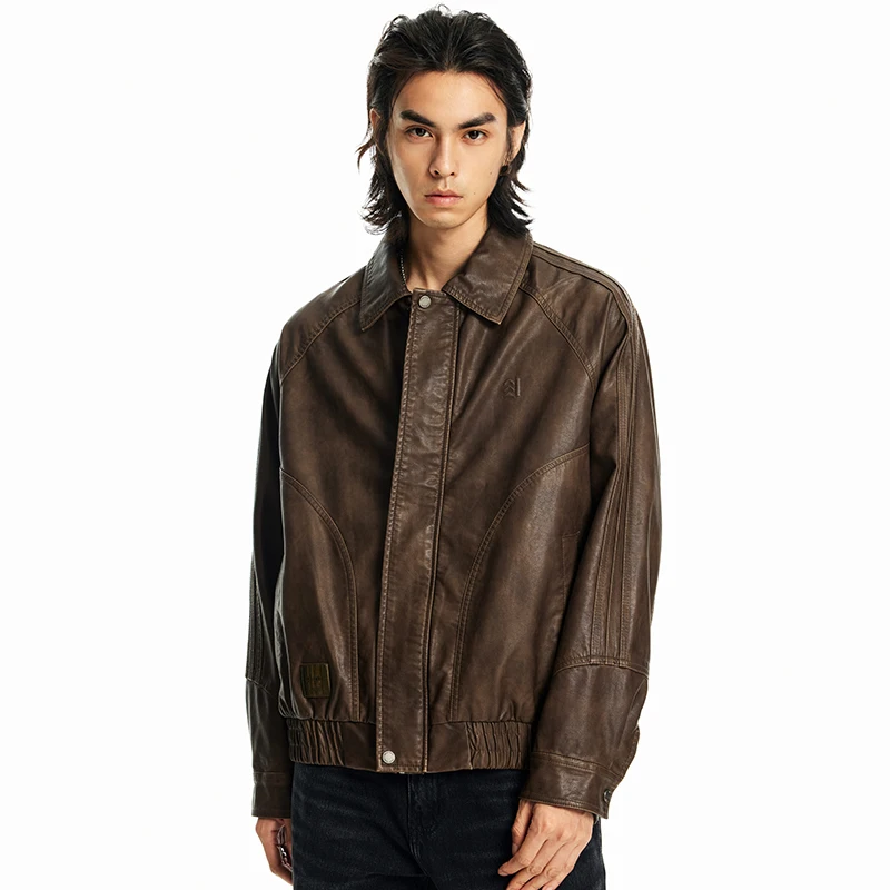 

Vintage PU Leather Jaet Men's Spring Autumn American Motorcycle Sle Outerwear Casual Loose Fit Long Sve Biker Jaet