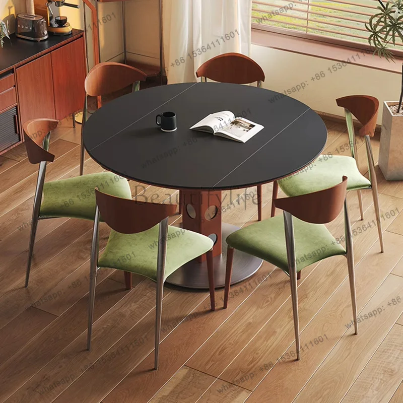 Medieval new round table retro metal legs Nordic solid wood rock slab dining table
