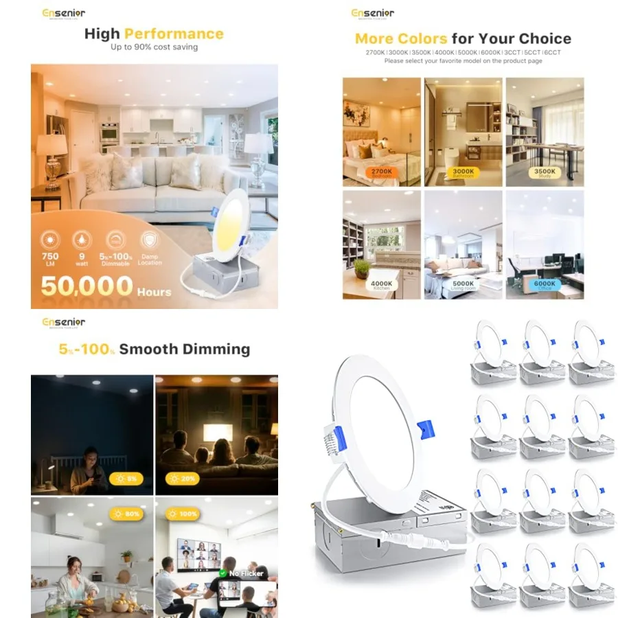 12 Pack LED Recessed Light, Dimmable, 5000K Daylight, 750LM High Brightness, 9W 120V, 2 P, ERL-9X-ETL, Damp Rated, Ultra-Th Can