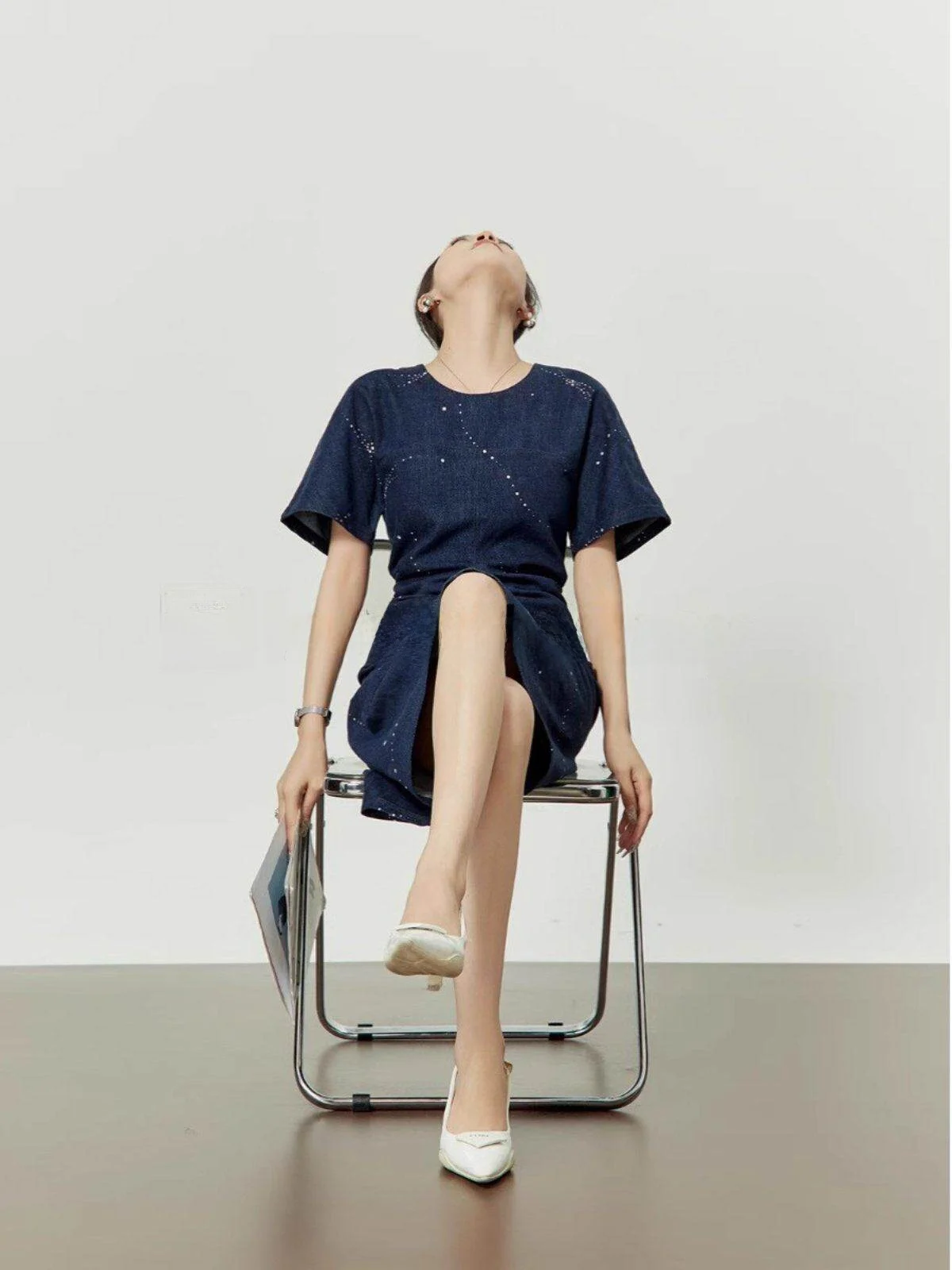 

Deep Sea Blue Faionable Midi Dr with iny Dot Pleats Waist-Cinching Denim Skirt by Zhou Li Wu ort Sve round Ne P...