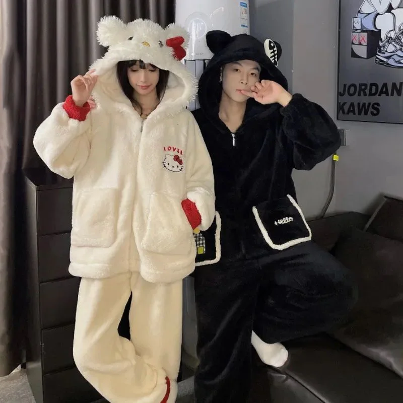 سانريو Kawaii الكرتون مرحبا كيتي الشتاء المرجان الصوف زوجين منامة الصوف بطانة سميكة الدافئة Homewear مجموعة هدية الكريسماس