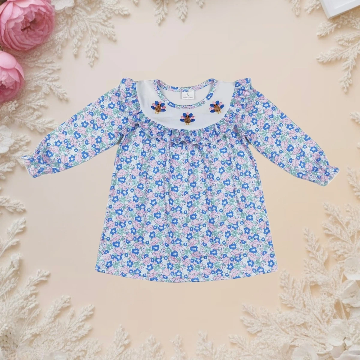 Baby Girl Dress Kids Infant Toddler Long Sleeve Floral Embroidery Smocked Turkey Children Knee Length Dresses Clothing Wholesale