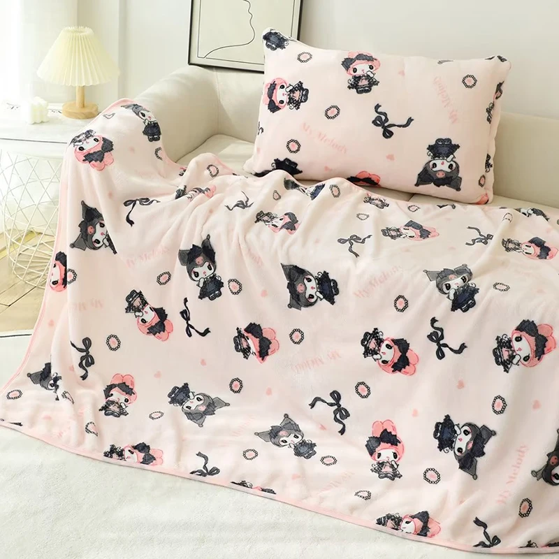 

Kuromi Plush Flannel Sheet Melody Air-Conditioned Nap Quilt Sanrio Image Printed Blanket Kawaii Bedroom Deocr Lovely Pillowcase