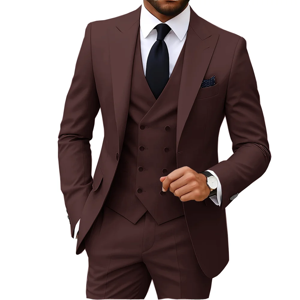 Men's Suits Regular Fit 3 Pieces Double Breasted Formal Business Tuxedos Blazer Vest Pants for Wedding Grooms