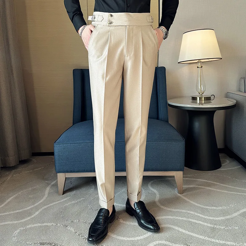 New Spring Autumn High Waist Smart Casual Dress Pants Men Belt Design Slim Suit Pants Formal Wedding Social Party Mens Trousers