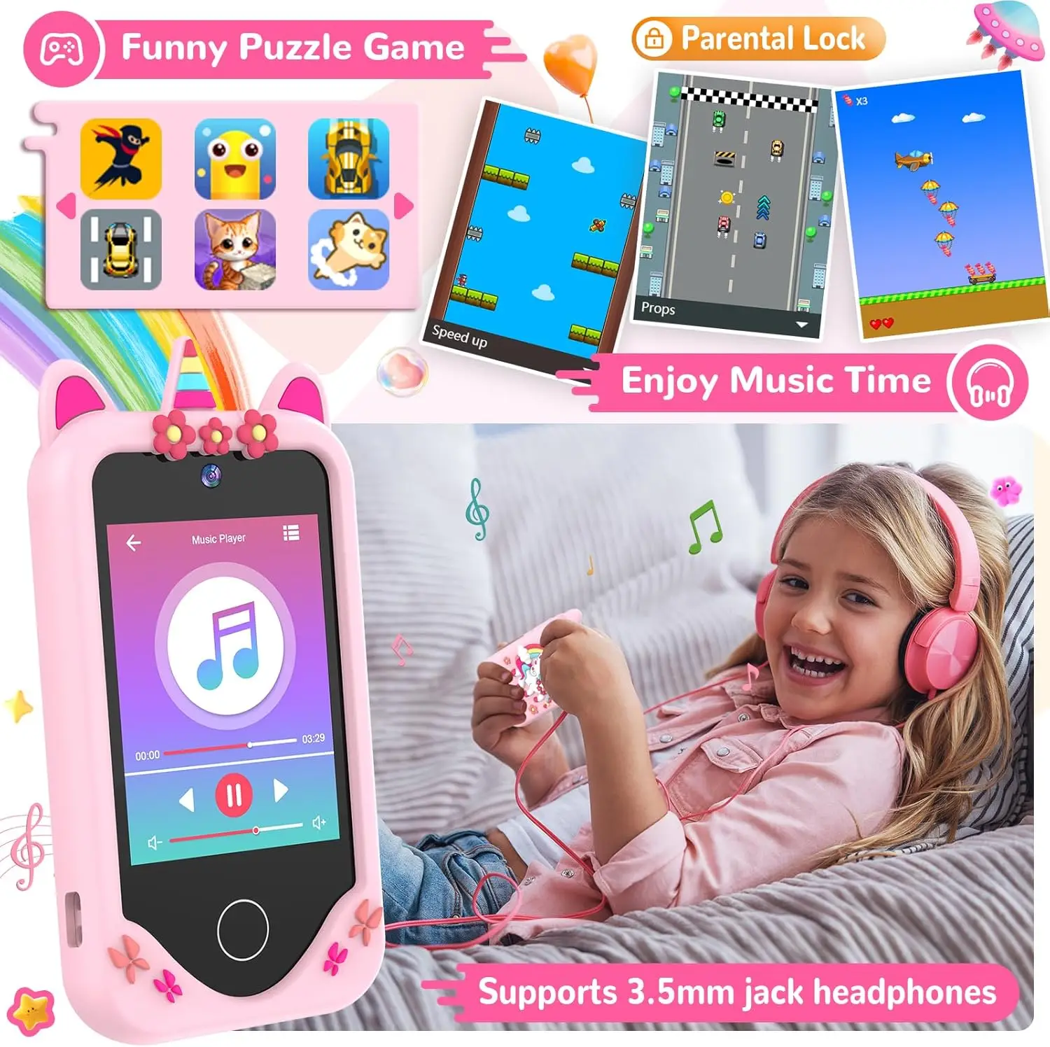 Telefone Educativo para Crianças: Tela Sensível ao Toque de 2.8\", Câmeras Duplas, Jogos, Vídeo, Cartão de 32GB, Presente para Meninas e Meninos de 3 a 6 Anos para Natal e Aniversário