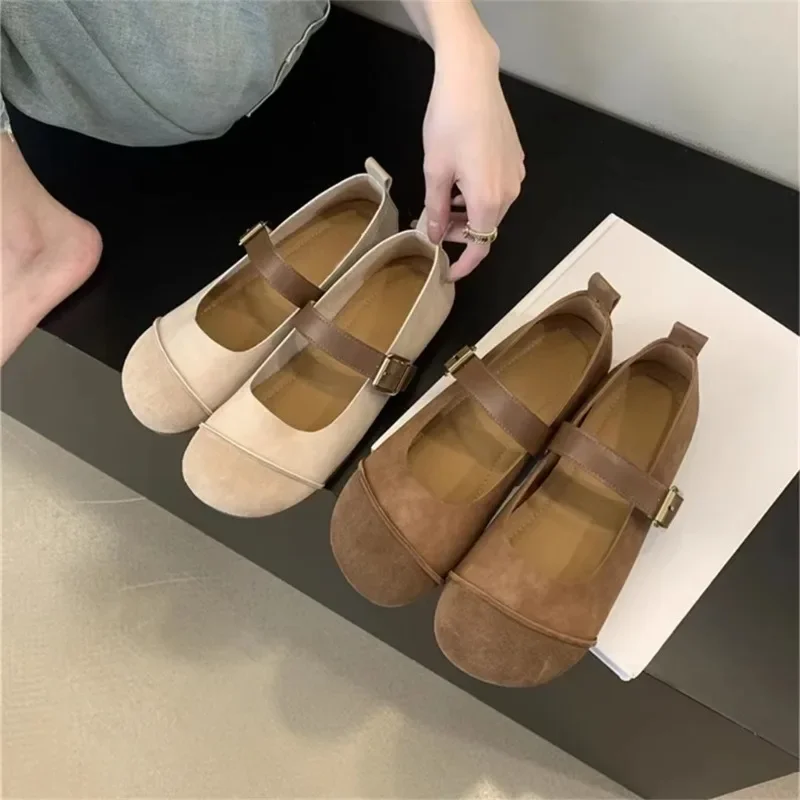 

Women Flat Shoes Fashion Shallow Buckle Ladies Soft Shoes 2024 Spring Summer Imitation Deer Skin Mary Jane Shoes Flat Sandals