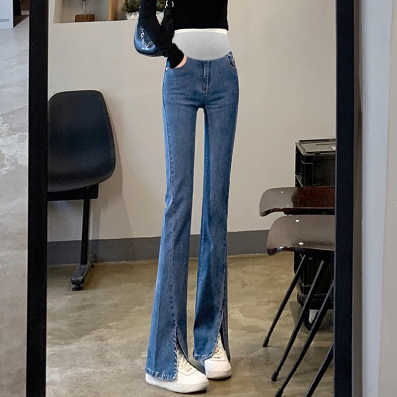 Spring Maternity Flare Pants Floor Length Front Split Pregnant Women's Belly Jeans High Waist Pregnancy Denim Trousers Wholesale