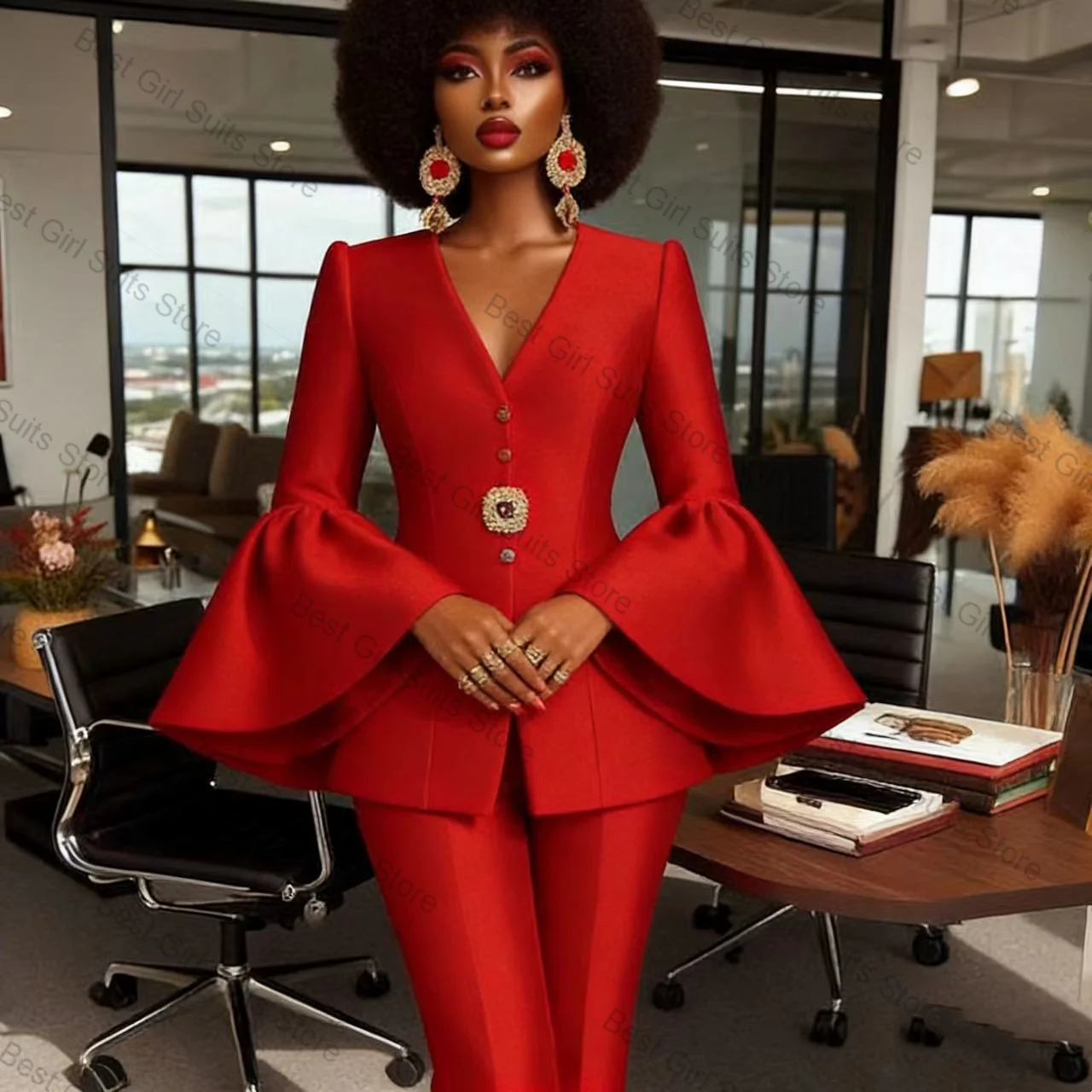 Red Women Suit Set 2 Piece Blazer+Pants Trousers Flare Sleeves Autumn Spring Formal Office Lady Jacket Customized Wedding Coat