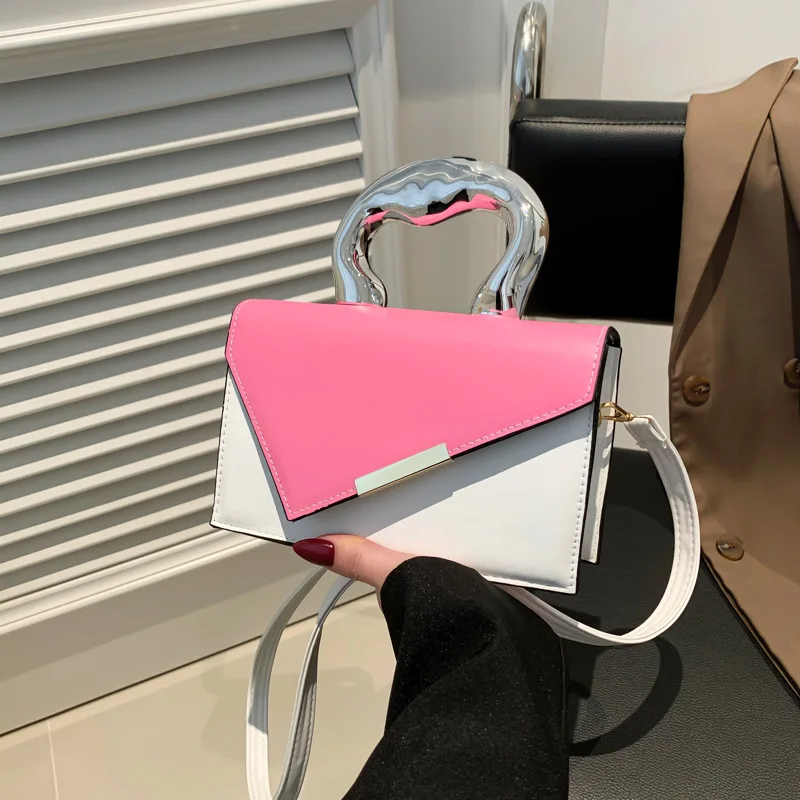 Fashionable Texture Color Blocked Spring Casual Simple Crossbody Metal Hand-Held Small Square Bag for Women