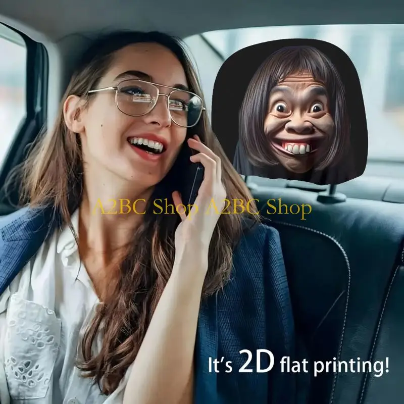 A2BC 2 Pieces Auto Headrest Covers with Amusing Portrait Patterns Soft Polyester Fabric Simple Install Suitable for Whole
