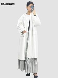 Nerazzurri Autumn Long Oversized White Soft Pu Leather Coat Women with Pleaded O Neck Loose Casual Luxury Korean Fashion 2023