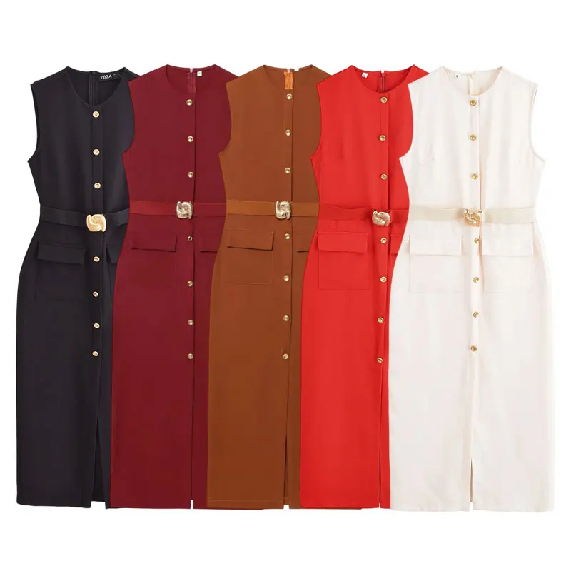 2025 Donne estive Gilet Abito lungo Cintura Corsetto senza maniche Abiti eleganti Nuovi abiti Abiti da festa casual da ufficio per le vacanze in raso