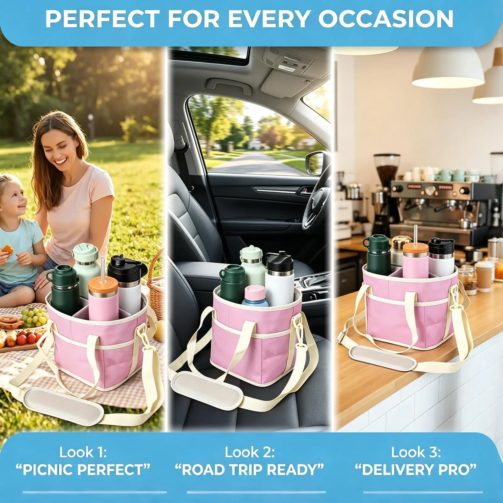 Large Capacity Insulated Beverage Bag No-Spill Carrier Bag 4 Compartment Water Bottle Holder with Adjustable Strap Drink Bag