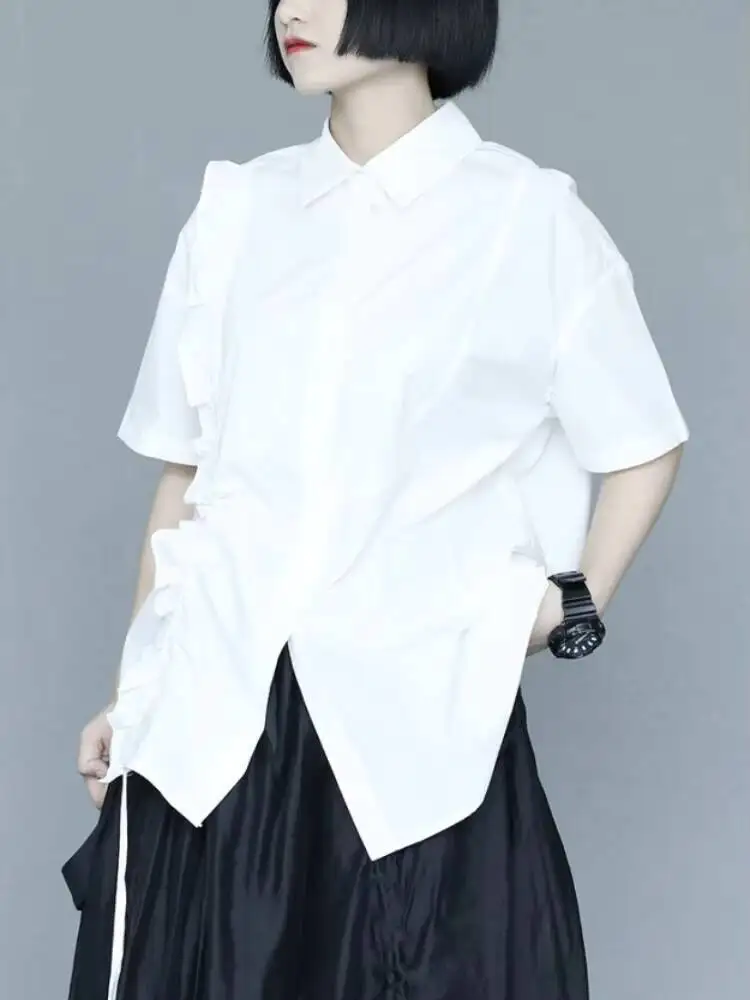 

Ladies Short Sleeve Shirt Summer New Fashion Drawstring Lace Design Casual Loose Large Size Short Sleeve Shirt