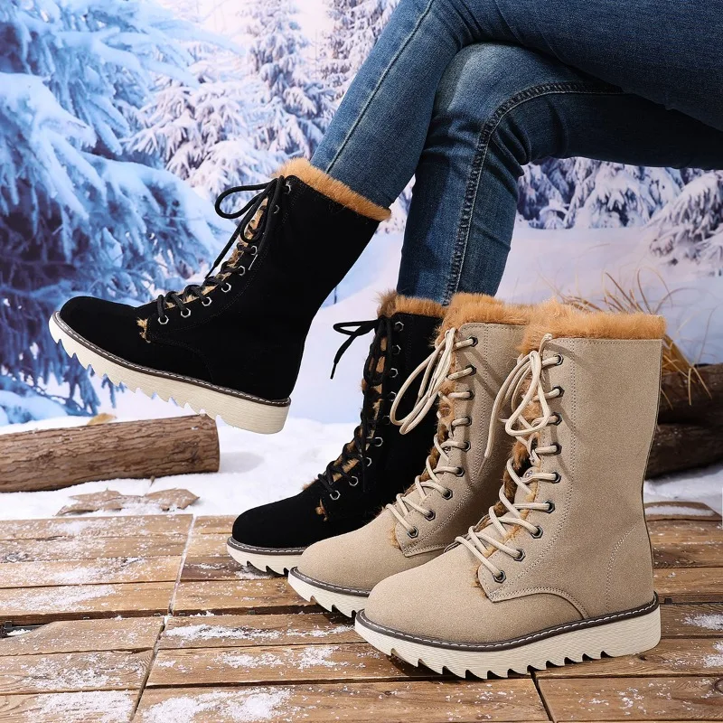 

2025 New Fashion Round Toe Women's Winter Wedge Thick Soled Snow Boots Non-Slip Warm Thick Plush Mid Tube Ladies Lace Up Boots