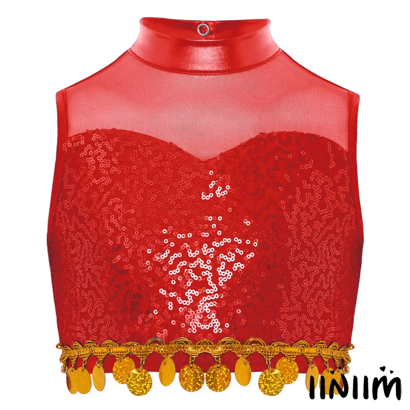 

Kids Girls Trendy Mock Neck Jazz Dance Crop Top Keyhole Back Sequin Sheer Mesh for Recitals Stage Performances Dancewear