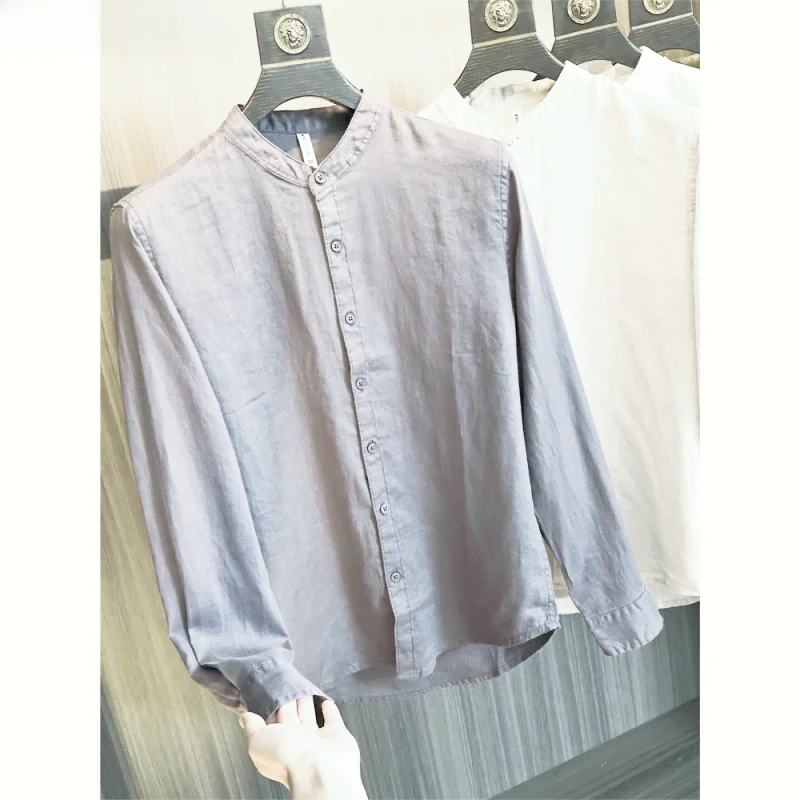High-End Linen Cotton Men's Summer Thin Long Sleeve Shirt Casual Stand Collar Breathable Lightweight Classic Fit  Color