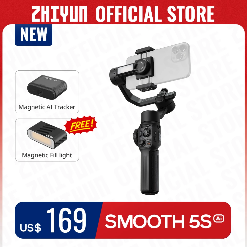 ZHIYUN 공식 SMOOTH 5S AI 추적 핸드 헬드 스태빌라이저, 3 축 스마트폰 짐벌, 아이폰 15 프로 맥스 샤오미 야외 짐벌 