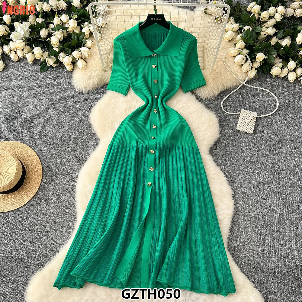 

High Quality Women Solid Color Short Sleeve Knitted Midi Dress Causal Dress-GZTH050