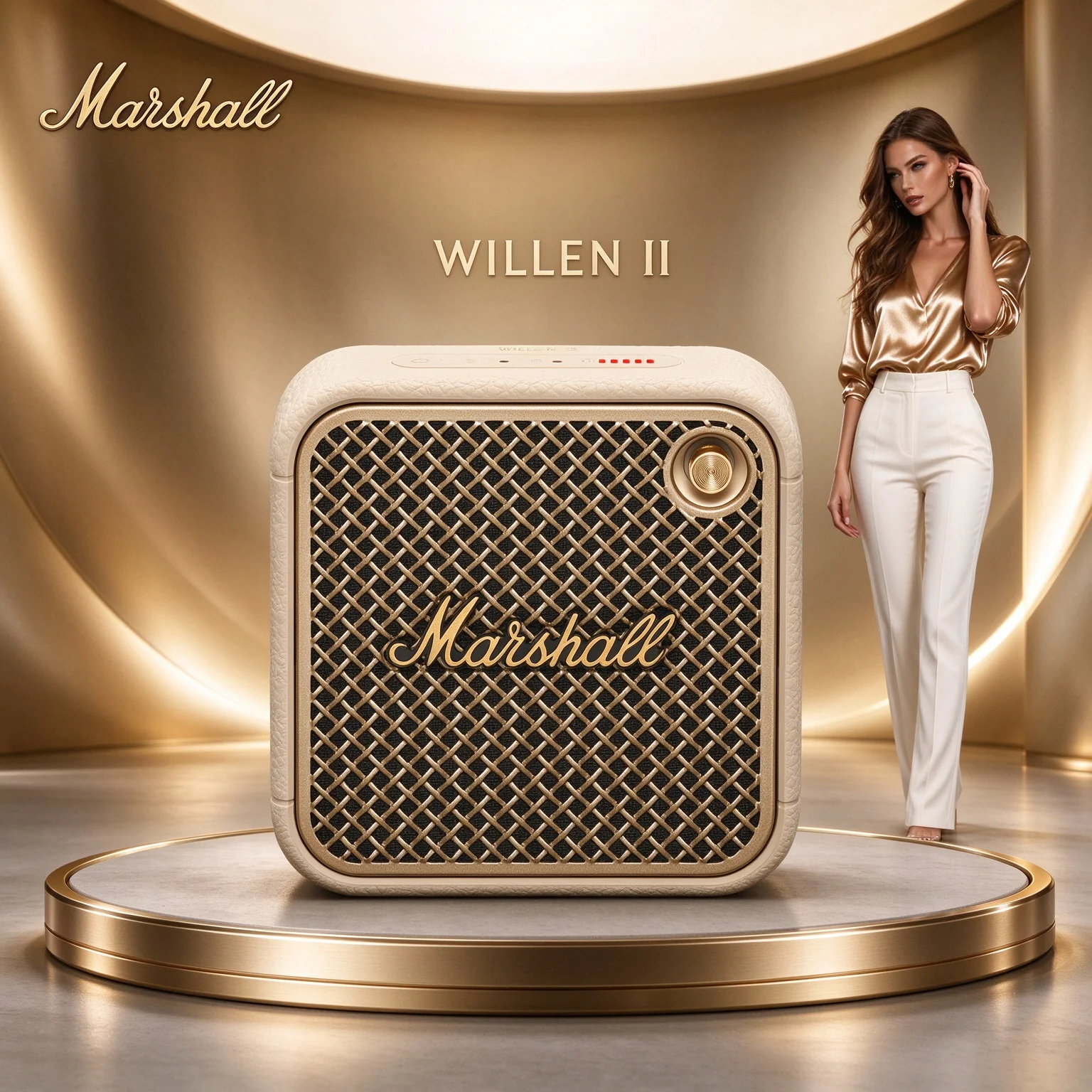 Marshall Willen II Small Outdoor Bluetooth Speaker, Quick Charge Support, Retro Brass Control Knob, Portable Speaker for
