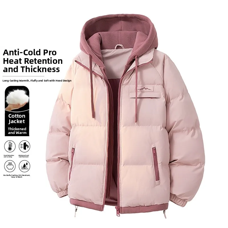 

Thiened Pink Sakura Hooded Puffer Cotton Jaet Women's Winter Warm Windproof Heat Retention Bread Sle Outerwear Coat