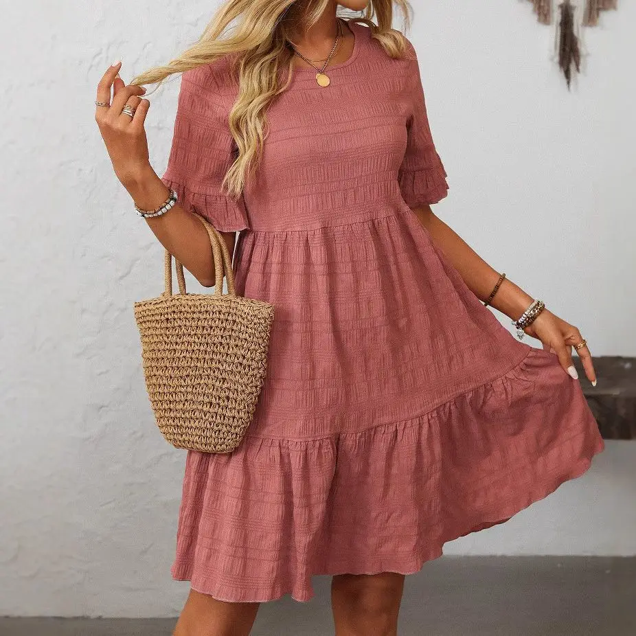 

2025 Summer Women's Dress O-Neck Stripes High Waist Comfortable Loose Fashion Casual Short-sleeved Mini Skirt