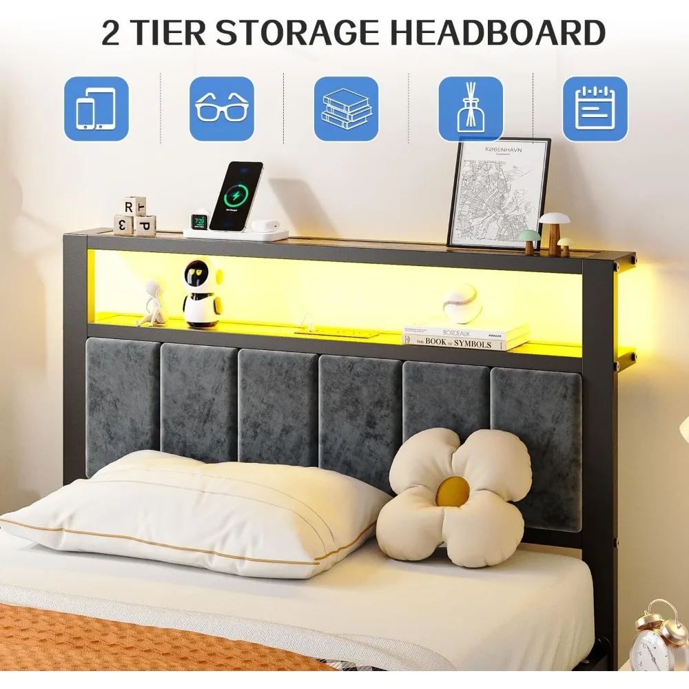 إطار سرير بمنصة مزدوجة الحجم منجد باللون الرمادي مع أضواء LED، وأرفف تخزين من طبقتين، ومحطة شحن، ونعل نوم خالٍ من الضوضاء