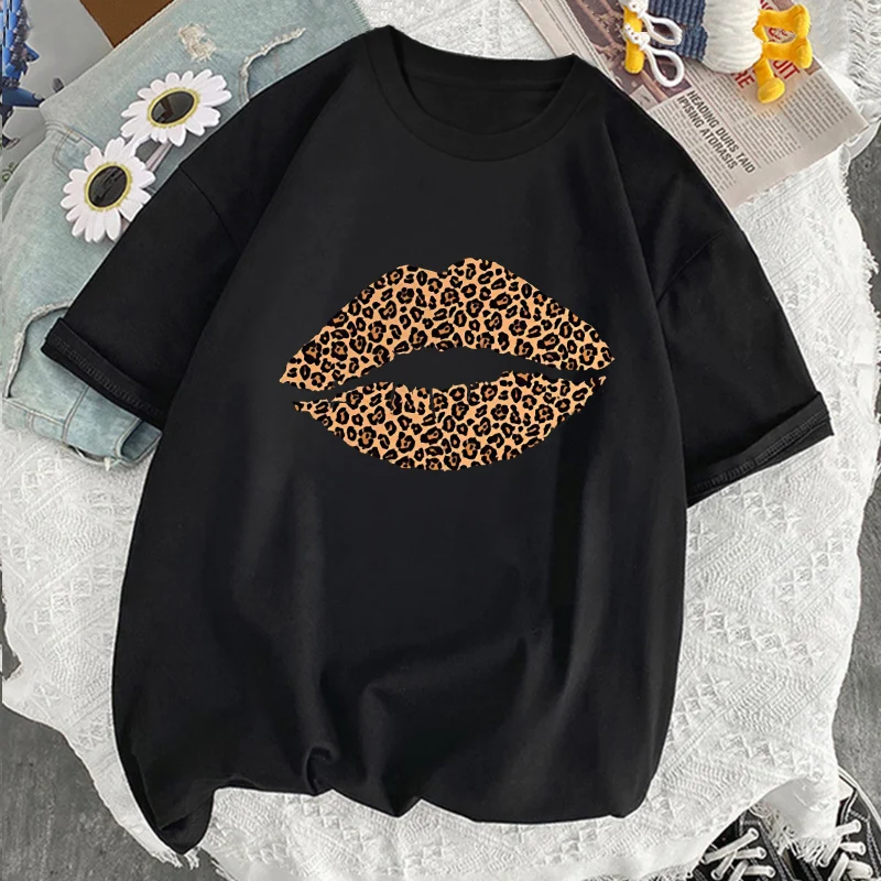 

Breathable T-shirts Women Leopard Lips Print Sport O Neck Short Sleeve Black T shirt Fashion Personality Soft Camiseta Hombre