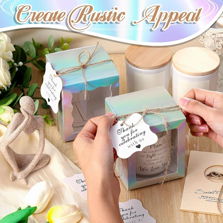Juego de 100 velas, caja de regalo transparente, caja de embalaje de regalo para velas de 410 oz, 50 etiquetas de agradecimiento de papel, paquete de cuerda de cáñamo para boda B