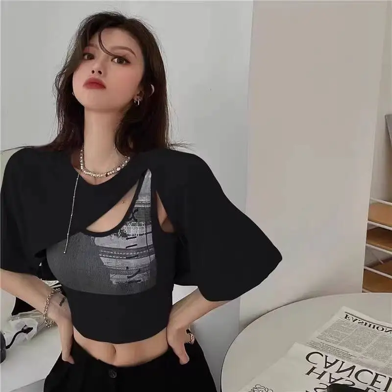 

2026 Summer New Y2K Sleeveless Vest Cover Up Cool Girl Jazz Dance Two Piece Set Short Top Cotton Blend Summer Wear Cross Print