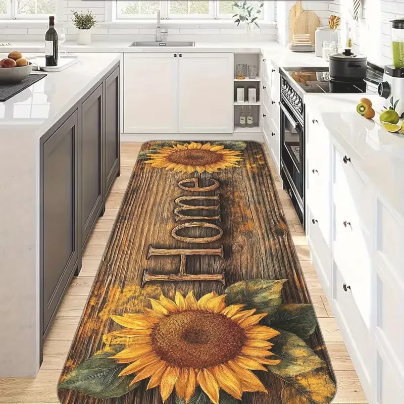 Rustic Wood Grain Sunflower Long Kitchen Runner Rug Home Letter Print Non Slip Floor Mat Farmhouse Hallway Indoor Carpet Decor