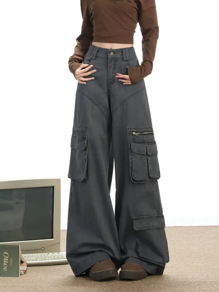 Vintage Gray Cargo Jeans Women Streetwear Hottie Pockets Wide Leg Denim Pants Japanese Y2K Harajuku High Waist Female Trouser